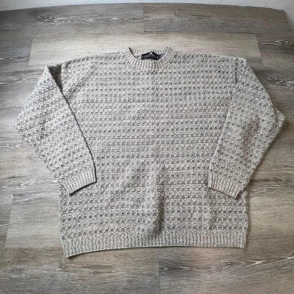 Vintage 90s Sportswear Sweater Mens Large Beige Gray Textured Knit Crewneck USA